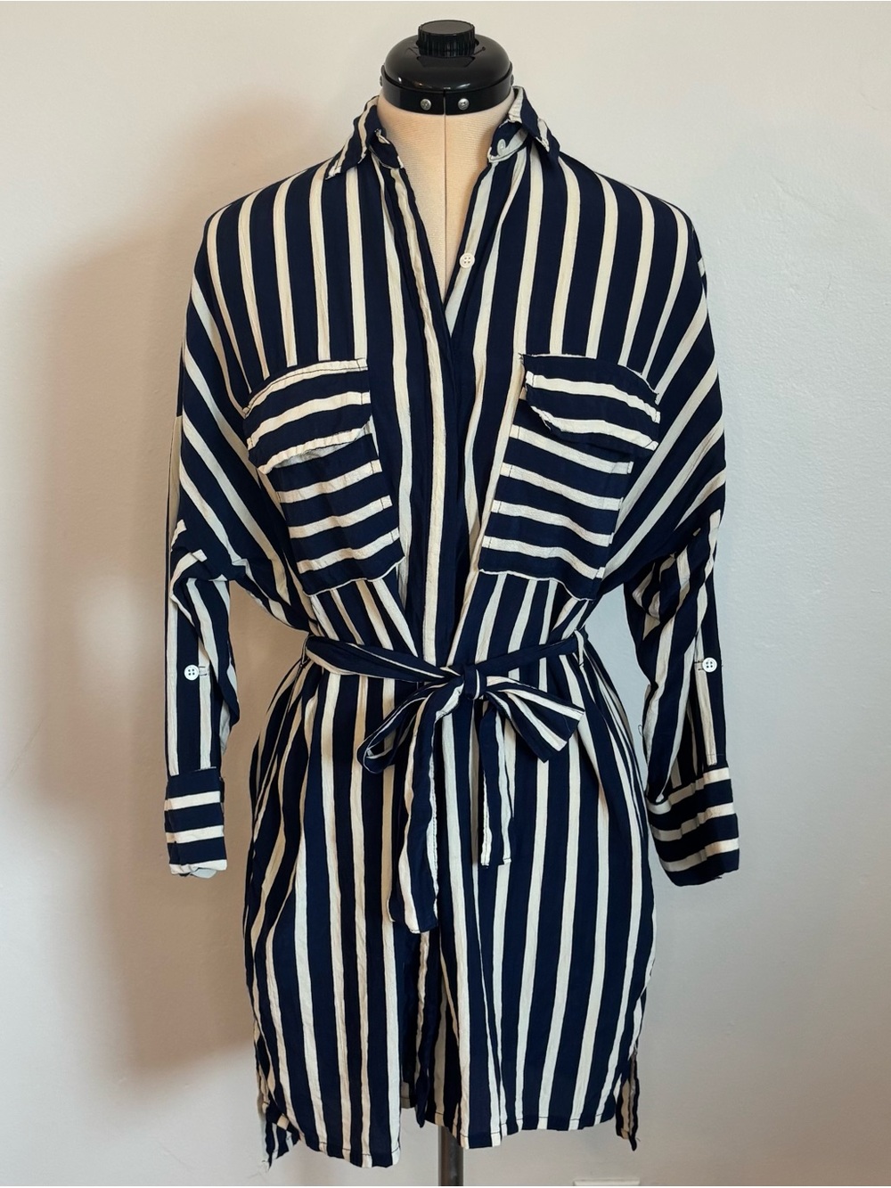 Faithfull the Brand Debbie Shirt Dress, Navy & Cream Stripe, Belted, Pockets, 4